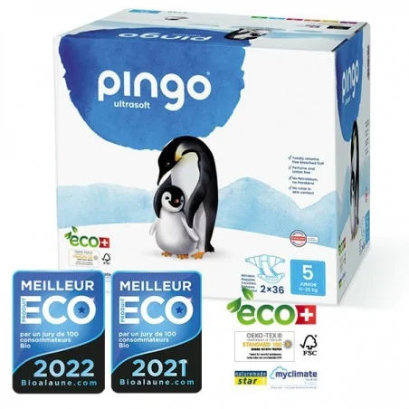 PINGO COUCHES ÉCOLOGIQUES JETABLES JUNIOR JUMBO TAILLE 5 (11-25KG) 2X36 COUCHES