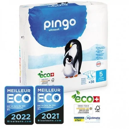 PINGO COUCHES ÉCOLOGIQUES JETABLES JUNIOR TAILLE 5 (11-25KG) 36 COUCHES