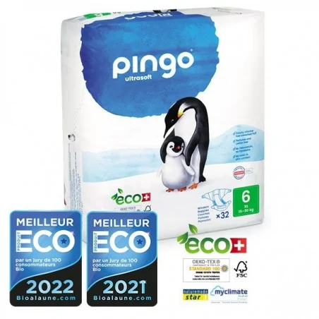 PINGO COUCHES ÉCOLOGIQUES JETABLES XL TAILLE 6 (15-30KG) 32 COUCHES